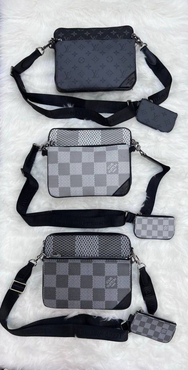 Louis Vuitton Men's Trio Messenger Bag Designer Reps Sale UK	Men First Copy Replica Cheap Price Fake Rep Triple Pouch Man Fakes Luxury 1st Copies LV Brand Logo Leather Crossbody Purse AAA 1:1 Duplicate Long Belt Wallet Original Black White Grey