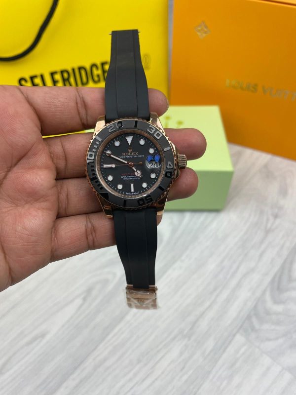 Rolex Yacht Master Gold & Black Watch with Rubber Straps For Men's