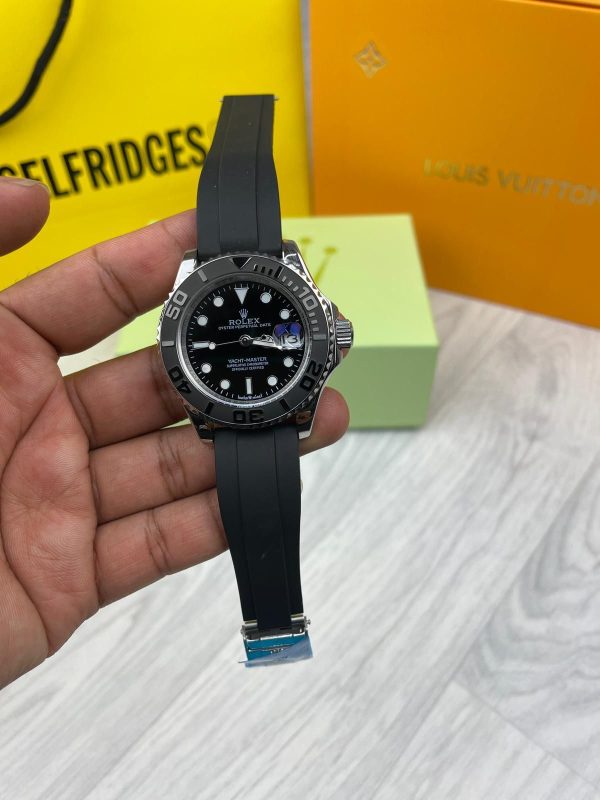 Rolex Yacht Master Silver & Black Watch with Rubber Straps For Men's