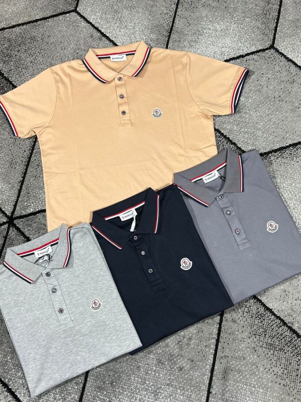 Moncler Men's Women's Replica Polos Shirts Logo Patch Half Sleeve Men Women Fake Reps Stripe Shirt Cheap Polo Rep First Copy Black Optical White Light Blue Navy Blue Grey Off White Mustard Sale UK