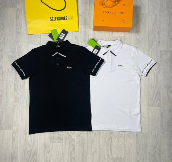 Hugo Boss Logo Pique Cotton Web Lines Collar Polo Shirt In Black & White