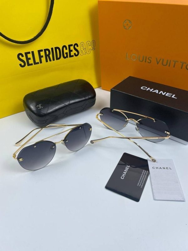 Chanel Women Rep Frameless Curved Eyewear Reps Women's Sunglasses Fake Replica Outdoor Golden Metal Blue Round Lens Sunglass Ladies Cheap Pearl Fashion Sale UK First Copy
