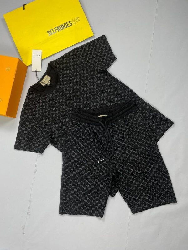 Gucci GG Man T Shirt Shorts Set Designers AAA Replica Sale UK	Men First Copy Reps Tee Shirt Nylon Short Sets Cheap Price Rep Swim Pants 1st Copies Boys Joggers Double G Brand Logo Black Half Sleeves Original Fake Best Duplicate Black