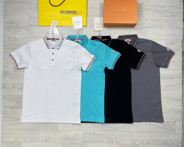 Moncler Replica Men's Women's Polos Shirts Logo Patch Half Sleeve Men Women Fake Tshirt Rep First Copy Stripe Shirt Cheap Cotton Boys Girls Polo T-shirt Reps Black White Brilliant Blue Grey Sale UK