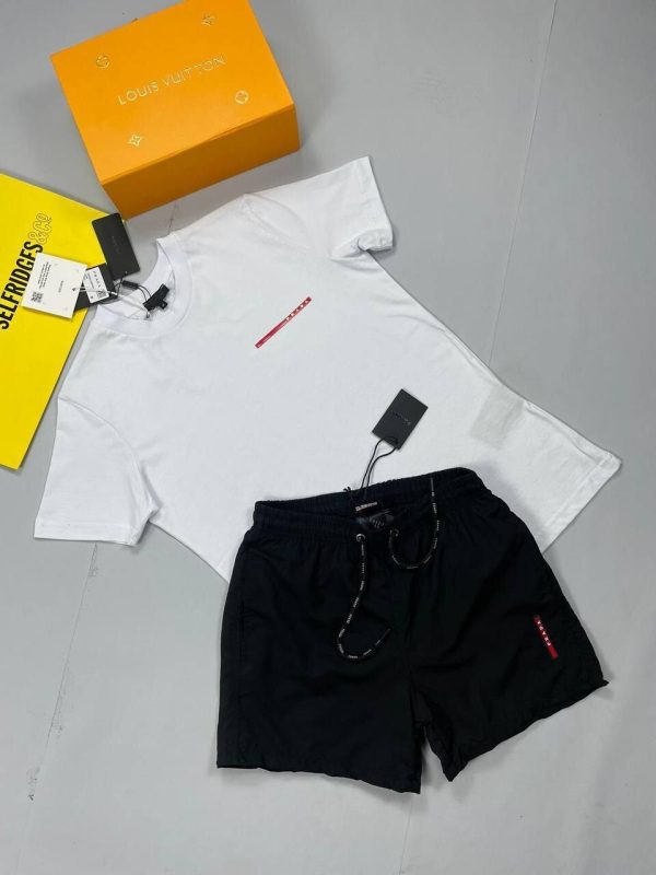 Prada Milano Designer Logo Men's Tshirt Short Set Rep Sale UK	Man First Copy Cheap Price Fake Reps Men Fakes Replica T-shirt Cargo Shorts Sets 1st Copies Luxury Joggers 1 to 1 Brand Logo 1:1 Nylon Bottom Boys AAA Duplicate Black White