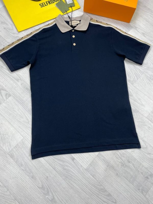 Gucci Web Collar Cheaper T-Shirt Replica T Shirt For Men	Tee Shirts T-Shirts Fake Cheap Rep Woman Reps T.Shirt T.Shirts Mens Womens Men's Women's First Copy Interlocking G Half Sleeves Short Best Point Polo Stripe Blue
