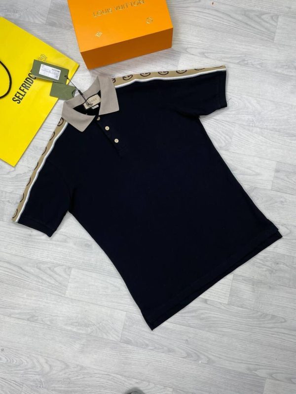 Gucci Web Collar Cheaper T-Shirt Replica T Shirt For Men	Tee Shirts T-Shirts Fake Cheap Rep Woman Reps T.Shirt T.Shirts Mens Womens Men's Women's First Copy Interlocking G Half Sleeves Short Best Point Polo Stripe Black
