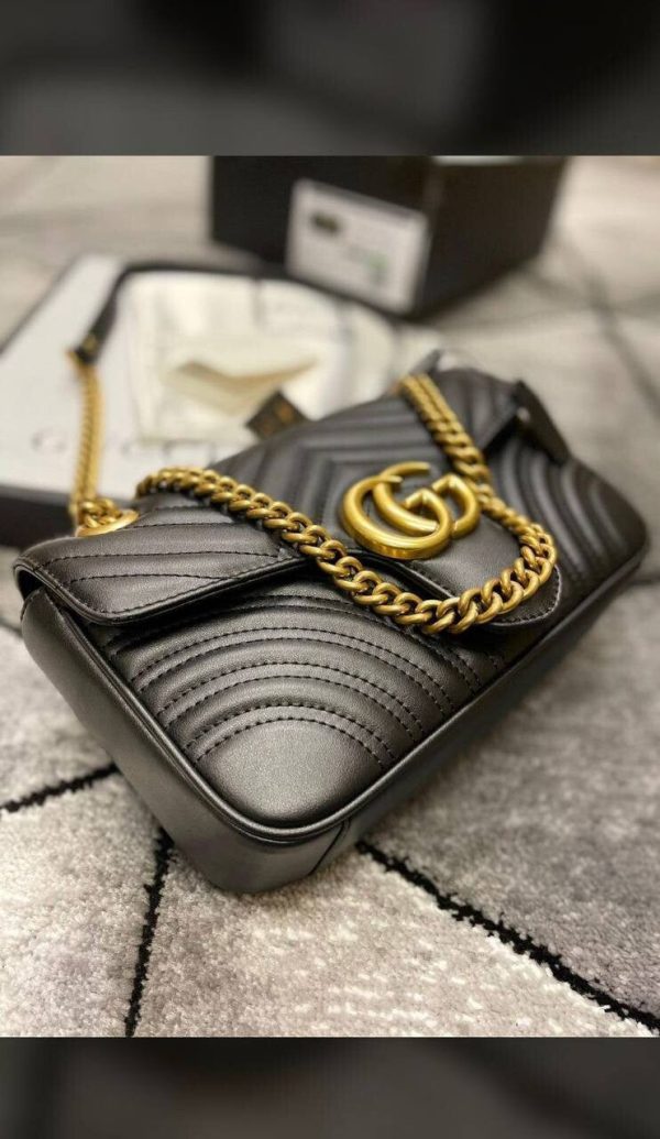 Gucci GG Cheaper Leather Replica Handbags Lady For Women Black  Marmont Mini Bag Fake Small Cheap Rep Woman Reps Womens Women's First Copy Logo Party Best Unique Wallet Formal Girls Coated Double G Chain Strap Flap Stylish