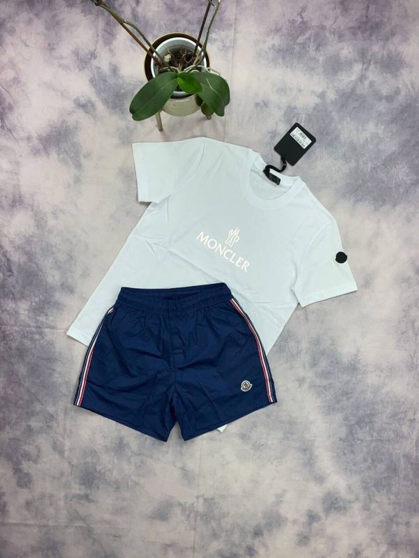 Moncler Men Reps T-shirt Short Set Logo Print Aqua T-shirts Blue Shorts Sets Boys Rep Half Sleeve Tshirts Cheap First Copy Round Neck Men's T Shirt Fake Tshirt Replica Tee Shirts Sale UK