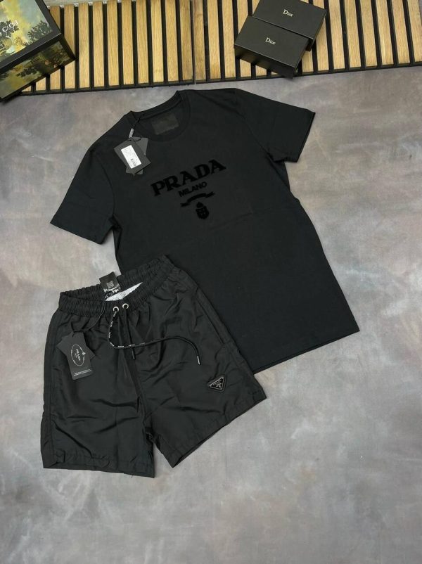 Prada Milano Men's Cotton T-shirts Short Set Replica Sale UK	Man First Copy Fake Rep Men Cheap Price Fakes Reps Tshirt Swim Cargo Shorts Sets 1st Copies Designer Joggers 1 to 1 Brand Logo 1:1  Nylon Bottom Boys AAA Duplicate Black