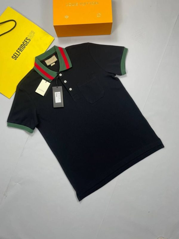 Gucci Men's Women's Designer Replica AAA Polo Shirts Sale UK	Man Woman First Copy Reps Fake Polos Shirt Rep Cheap Price Boys Girls Cheaper 1st Copies Fashion Clothing Black Brown Navy Blue White GG Brand Logo Stripe Collar Black