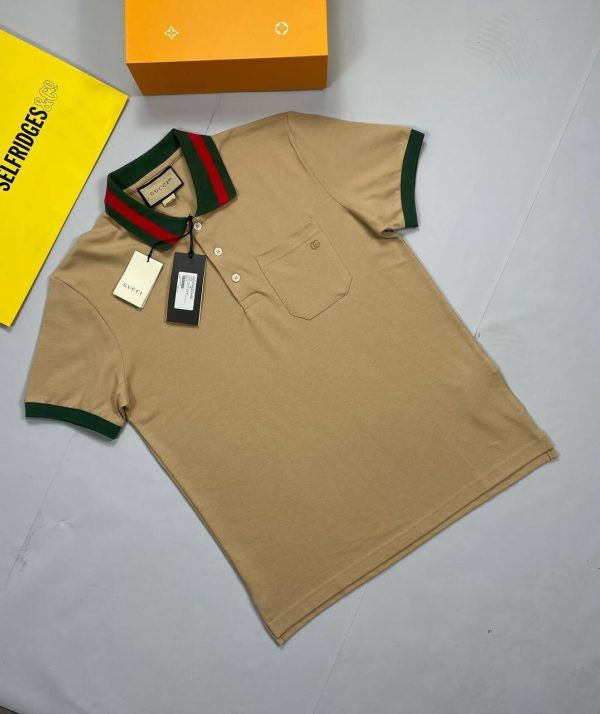 Gucci Men's Women's Designer Replica AAA Polo Shirts Sale UK	Man Woman First Copy Reps Fake Polos Shirt Rep Cheap Price Boys Girls Cheaper 1st Copies Fashion Clothing Black Brown Navy Blue White GG Brand Logo Stripe Collar Brown 