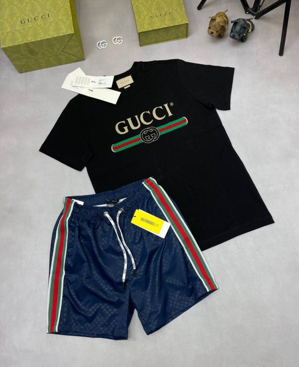 Gucci Men Designers Replica Tee Shirt Shorts Set AAA Sale UK	Man First Copy T-shirt Nylon Short Sets Men's Cheap Price Swim Pant Joggers Boys Reps Best Fake Rep 1st Copies Duplicate Luxury Outfit Brand Logo Fashion Originals Blue Black