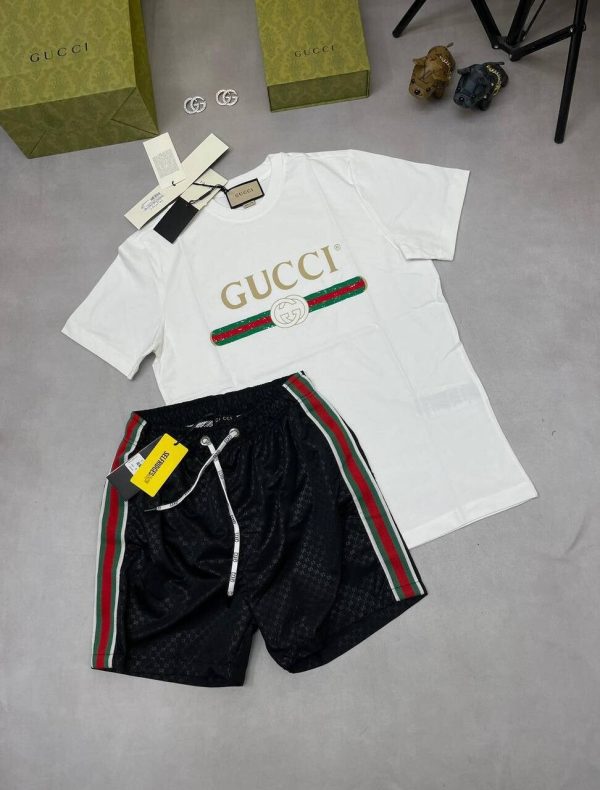 Gucci Men Designers Replica Tee Shirt Shorts Set AAA Sale UK	Man First Copy T-shirt Nylon Short Sets Men's Cheap Price Swim Pant Joggers Boys Reps Best Fake Rep 1st Copies Duplicate Luxury Outfit Brand Logo Fashion Originals White Black