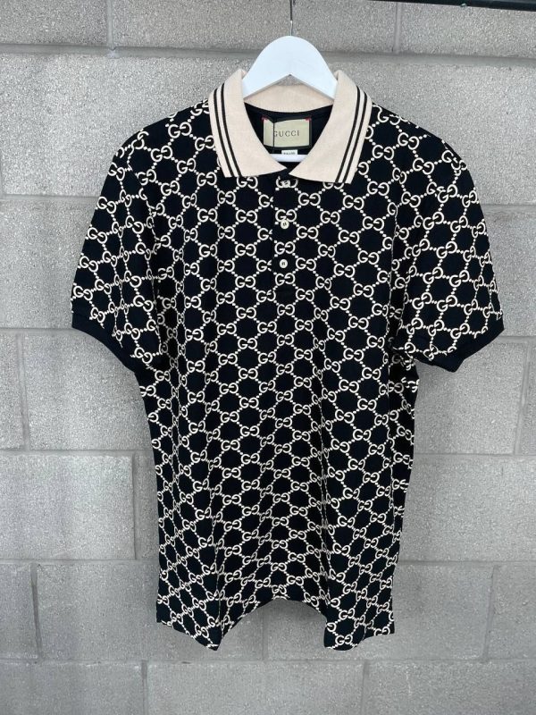Gucci Men Women GG Logo Designer Polo Shirts Black AAA Sale UK	Man Woman Replica Luxury Polos Shirt Fake Reps Cheap Price Brand Monogram Double G Half Sleeves Web Collar Gents Lady Boys Girls Fashion Rep First Copies Clothing Cotton Black