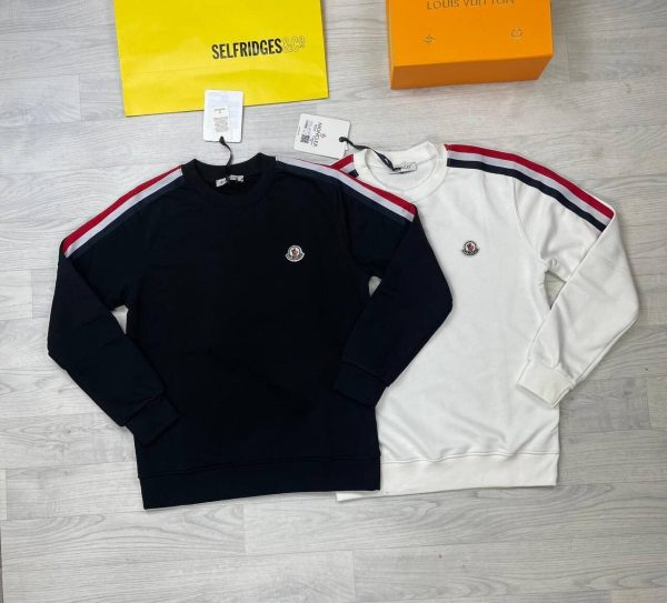 Moncler Men's Women's Stripe Jumpers Replica Designer Sweatshirt First Copy Style Reps Sweaters Iconic Logo Patch Knitted Crewneck Rep Jumper Men Women Cheap Long Sleeves Knitwear Black White Sale UK