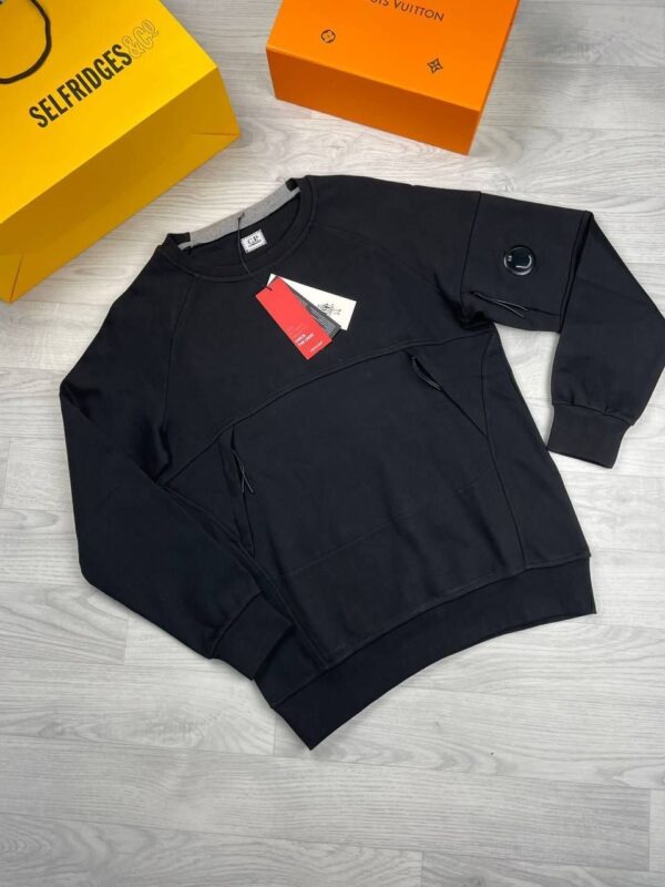 C.P. Company Logo Crewneck Lambswool Zipped Pocket Jumper In Black Color