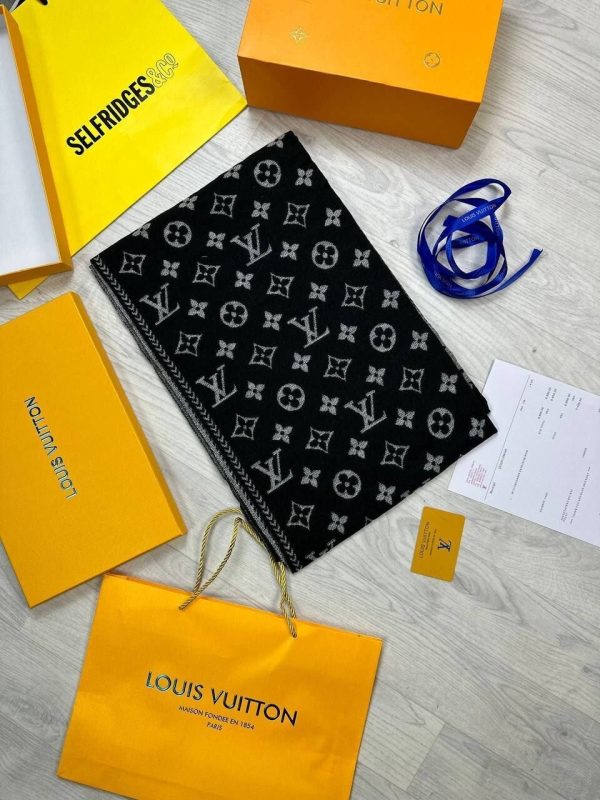 Louis Vuitton Women's Designer Wool Scarf Replica AAA Sale UK	Woman First Copy Fake Rep Cheap Price Luxury Scarves Women 1st Copies Fakes Reps Winter Shawls Fashion Casual Wear 1:1 Girls 1 to 1 LV Brand Logo Monogram Duplicate Black