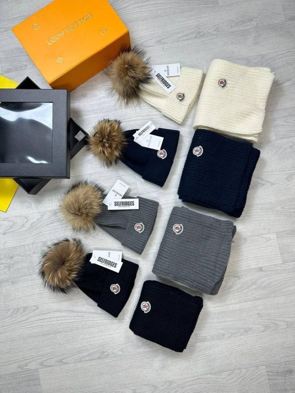 Moncler Women's Reps Hats Scarf Set Logo Knitted Wooly Pom Pom Women Replica Beanie Cap Fake Long Scarves Soft Fabric Cashmere Authentic Rep Fur Hat First Copy Cheap Black Blue White Grey Sale UK