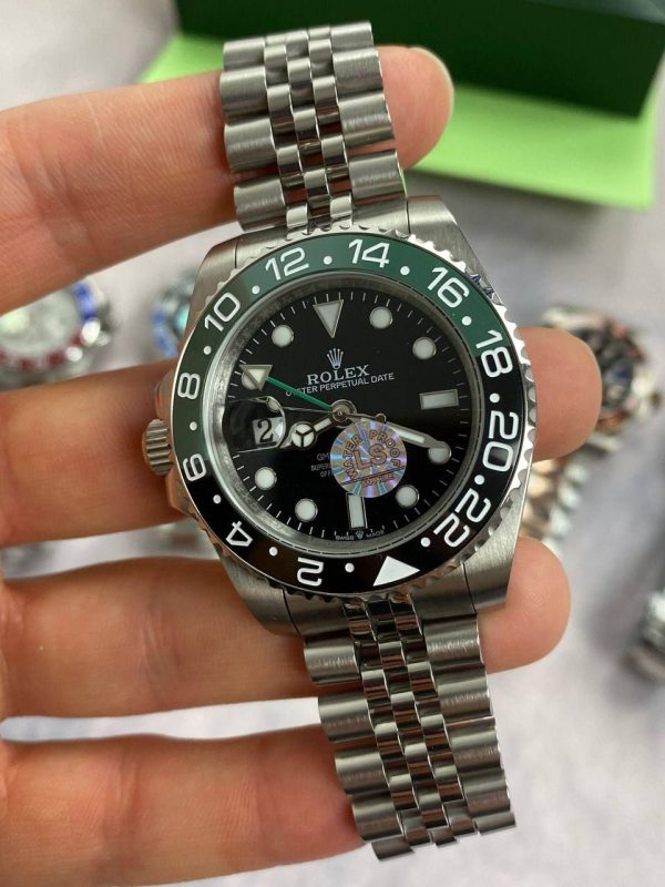 Rolex GMT Master II Black Dial Watch in Silver Chain Strap with Black & Green Bezel