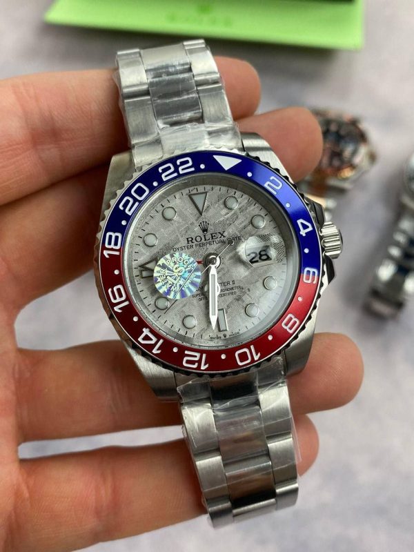 Rolex GMT Master II White Dial Watch in Silver Chain Strap with Red & Blue Bezel