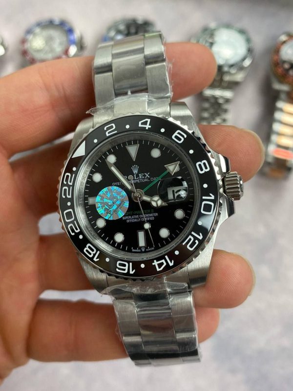Rolex GMT Master II Black Dial Watch in Silver Chain Strap with Black Bezel