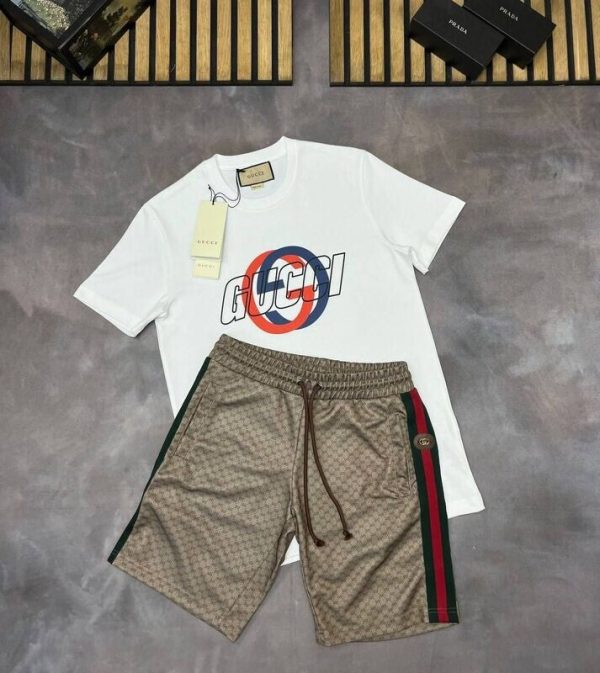 Gucci Men's Luxury Reps AAA Fake T-shirt Shorts Sets Sale UK	Man First Copy Tee Shirt Short Set Replica Boys Cheap Price Swim Pants Nylon Beachwear Joggers 1st Copies Rep Designer Brand Logo Duplicate  Pant Men Original White Brown