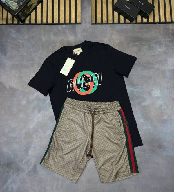 Gucci Men's Luxury Reps AAA Fake T-shirt Shorts Sets Sale UK	Man First Copy Tee Shirt Short Set Replica Boys Cheap Price Swim Pants Nylon Beachwear Joggers 1st Copies Rep Designer Brand Logo Duplicate  Pant Men Original Black Brown