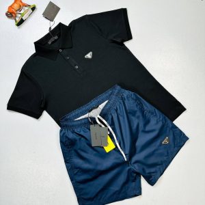 Prada Milano Men Designer Polo Shirt Shorts Set Fake Sale UK Man First Copy Rep Polos Shirts Cargo Swim Short Sets Men's 1st Copies Cheap Price Fakes Reps Luxury Replica 1 to 1 Nylon Joggers 1:1 Pants Brand Logo AAA Duplicate Black Blue