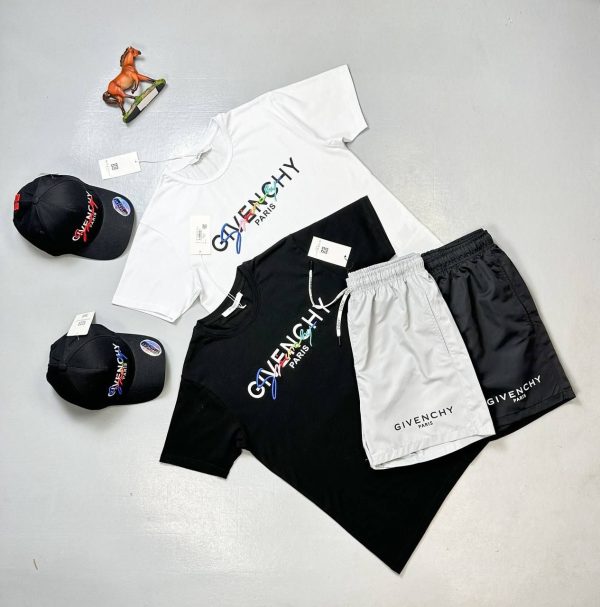 Givenchy Signature Double Logo T-shirts Shorts Set Black White