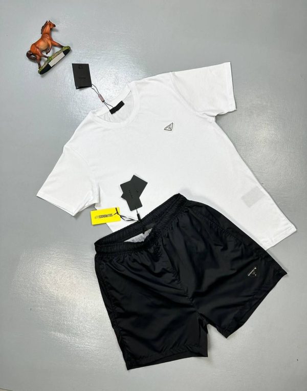 Prada Milano Men's Logo T-shirts Shorts Set Fake Rep Sale UK	Man First Copy T-shirt Cargo Short Sets Men Cheap Price Fakes Reps 1st Copies Luxury Replica 1 to 1 Joggers Nylon Pants 1:1 Boys Brand Patch Bottom AAA Duplicate White Black