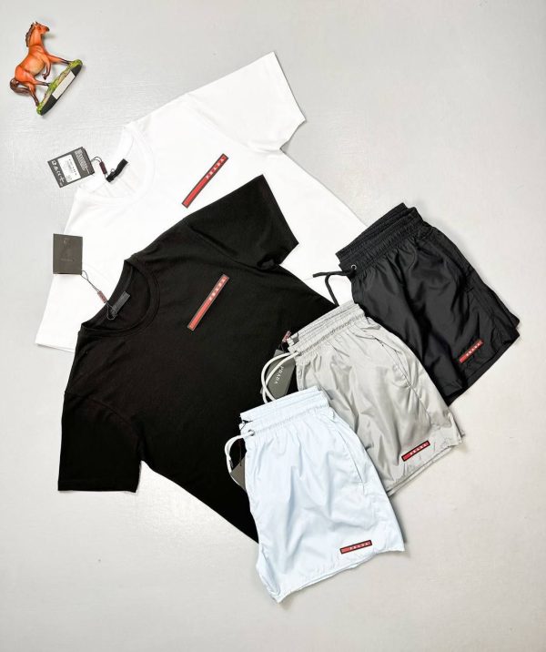 Prada Milano Men's Logo T-shirts Shorts Set Fake Rep Sale UK	Man First Copy Replica Men Cheap Price Fakes Reps Tshirt Cargo Swim Shorts 1st Copies Joggers 1 to 1 Brand Patch 1:1 AAA Nylon Cotton Swimming Bottom Boys Duplicate Black White Grey Blue
