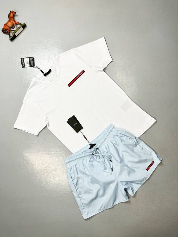 Prada Milano Men's Logo T-shirts Shorts Set Fake Rep Sale UK	Man First Copy Replica Men Cheap Price Fakes Reps Tshirt Cargo Swim Shorts 1st Copies Joggers 1 to 1 Brand Patch 1:1 AAA Nylon Cotton Swimming Bottom Boys Duplicate White Blue