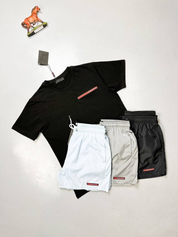 Prada Milano Men's Logo T-shirts Shorts Set Fake Rep Sale UK	Man First Copy Replica Men Cheap Price Fakes Reps Tshirt Cargo Swim Shorts 1st Copies Joggers 1 to 1 Brand Patch 1:1 AAA Nylon Cotton Swimming Bottom Boys Duplicate Black Grey Blue