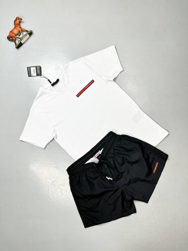 Prada Milano Men's Logo T-shirts Shorts Set Fake Rep Sale UK	Man First Copy Replica Men Cheap Price Fakes Reps Tshirt Cargo Swim Shorts 1st Copies Joggers 1 to 1 Brand Patch 1:1 AAA Nylon Cotton Swimming Bottom Boys Duplicate Black White