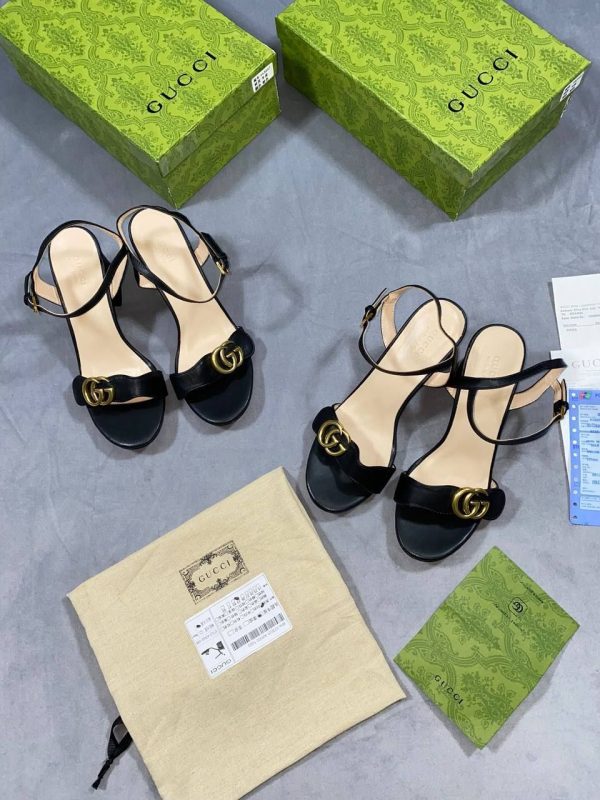 Gucci Women's First Copy Rep Black  Heels Heel Designer Fake AAA Heels Sale UK	Woman Cheap Price Fake Replica Sandals 1st Copies Luxury Sandal Girls Double GG Brand Logo Leather Heel Original Gold Monogram Reps Best Quality Strap Women Duplicate