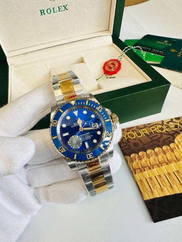 Rolex Submariner Blue Dial Watch with Silver and Two Tone Strap Men's