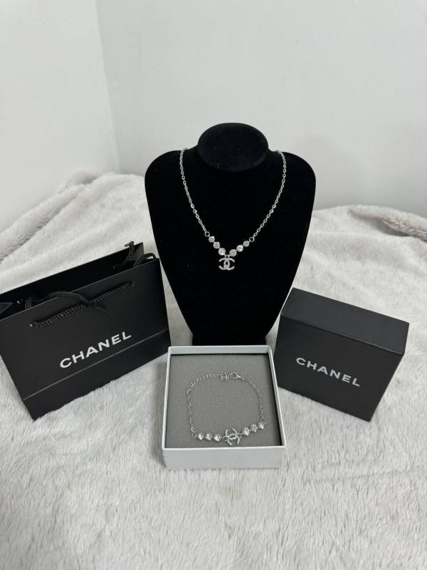 Chanel Crystal CC Necklace & Bracelet Silver