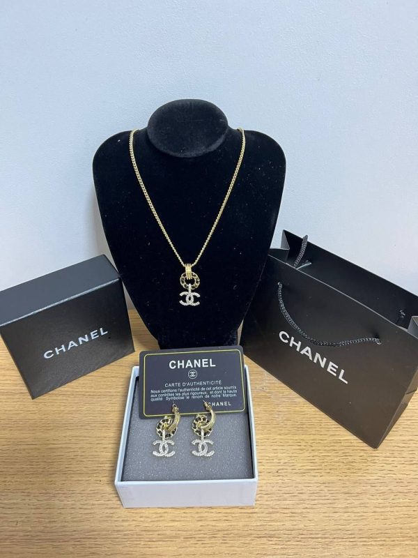 Chanel Logo Coco Classic Square Crystal Necklace & Earrings Silver Tone For Women