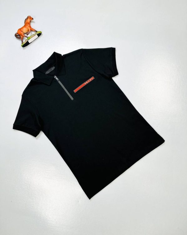 Prada Milano Men Women Half Zip Up Polo Shirts Fakes Sale UK	Man Woman First Copy Fake Replica Pique Polos Shirt Men's Women's Cheap Price 1st Copies Rep Designer Reps 1:1 Collar Brand Logo Patch 1 to 1 Luxury AAA Duplicate Black 