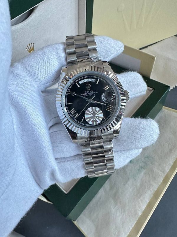 Rolex Oyster Day-Date Watch Black Dial with Silver Chain Strap For Men's