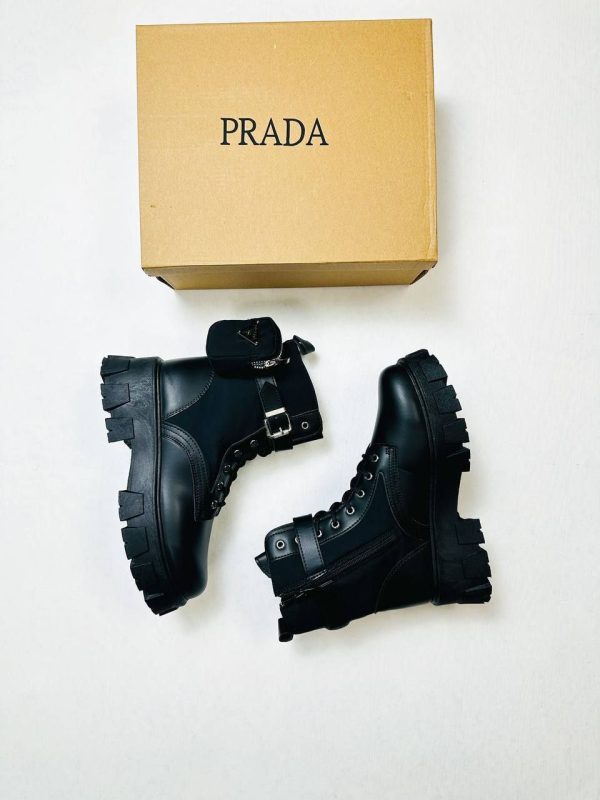 `Prada Milano Women's Leather Combat Boots Fakes Reps Sale UK	Woman First Copy Replica Long Boot Ladies Cheap Price Fake Rep Shoes 1st Copies Pocket Chunk Shoe 1:1 Luxury Brand Logo 1 to 1 Designer Ankle Lace Up AAA Duplicate Black