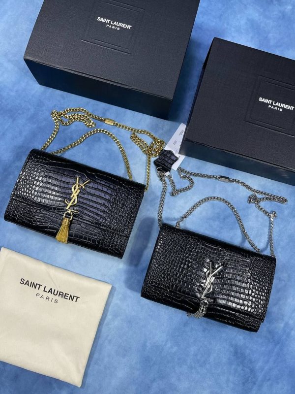 Saint Laurent YSL Black Croc Embossed Leather Women's Shoulder Bag