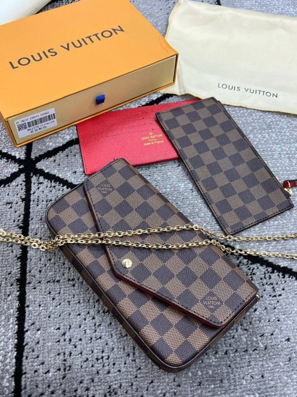 Louis Vuitton Women's Felicie Triple Pochette Bag AAA Sale UK	Woman First Copy Replica Trio Pouch Ladies Cheap Price Handbag Women's Luxury 1st Copies Rep Leather Purse Chain Strap Bags Fakes Reps 1:1 LV Brand Logo Duplicate Square Box Brown
