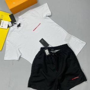 Prada Milano Men Designer T-shirt Shorts Set Fake Rep Sale UK Man First Copy T-shirt Cargo Short Sets Men's Cheap Price Fakes Reps 1st Copies Luxury Replica 1 to 1 Joggers Pants 1:1 Boys Brand Logo Nylon Bottom AAA Duplicate Black White