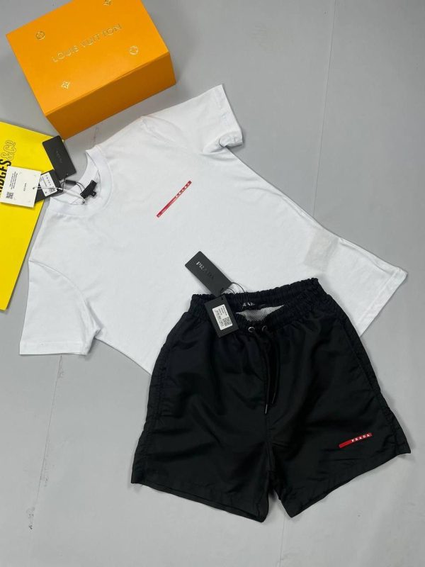 Prada Milano Men Designer T-shirt Shorts Set Fake Rep Sale UK	Man First Copy T-shirt Cargo Short Sets Men's Cheap Price Fakes Reps 1st Copies Luxury Replica 1 to 1 Joggers Pants 1:1 Boys Brand Logo Nylon Bottom AAA Duplicate Black White