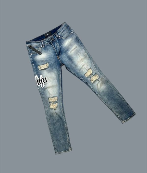 Amiri Old English Logo Ripped Jeans For Men's in Blue Color