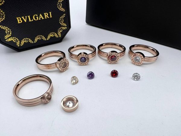 Bvlgari Love Screw Crystal Stone Roman Numerals 4 Color Stones Interchangeable Rings Stainless Steel for Women's