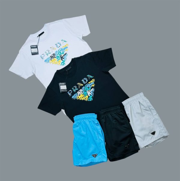 Prada Multi Color Pixel Print T-Shirts & Shorts Sets For Men's in Different Colors
