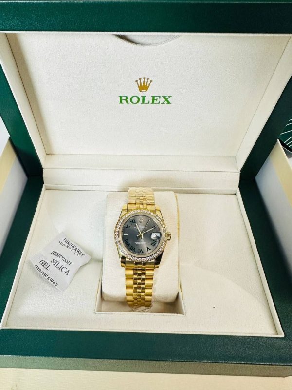Rolex President Datejust Diamond Gold Strap Gray Roman Dial Women's Watch